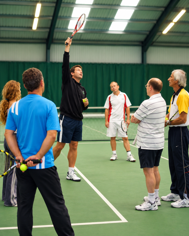 Andy Magrath demonstrating serving techniques during an MTI coach education workshop.